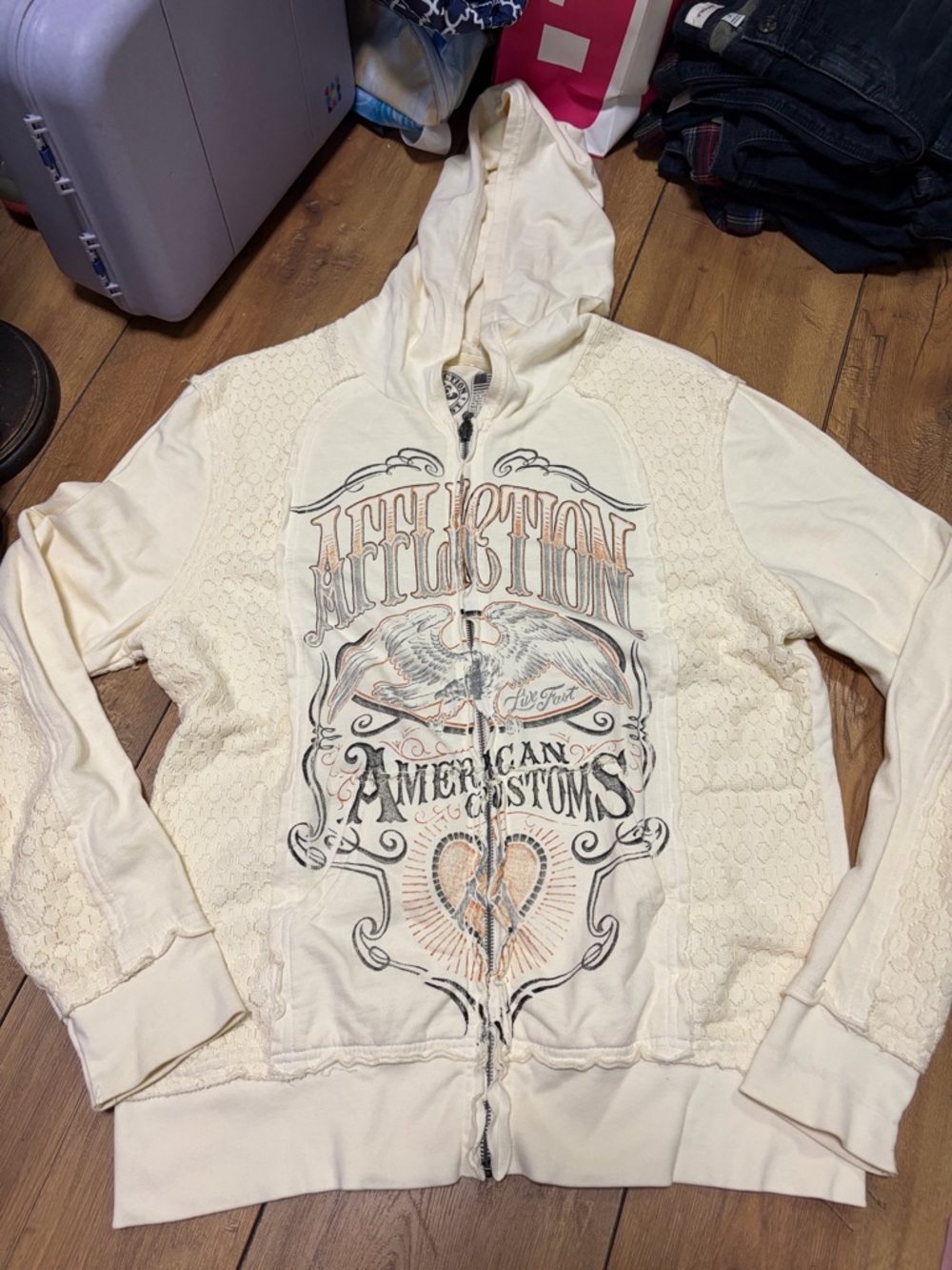 Affliction Cream and Orange Graphic Hoodie with Metal Zip Pull